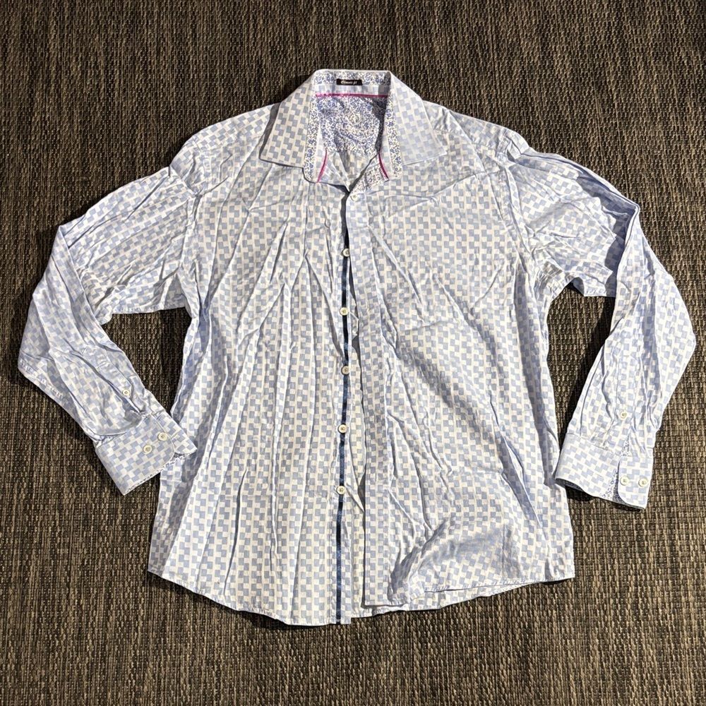 Bugatchi Button Up Long Sleeve Shirt Checkered Blue Size Large